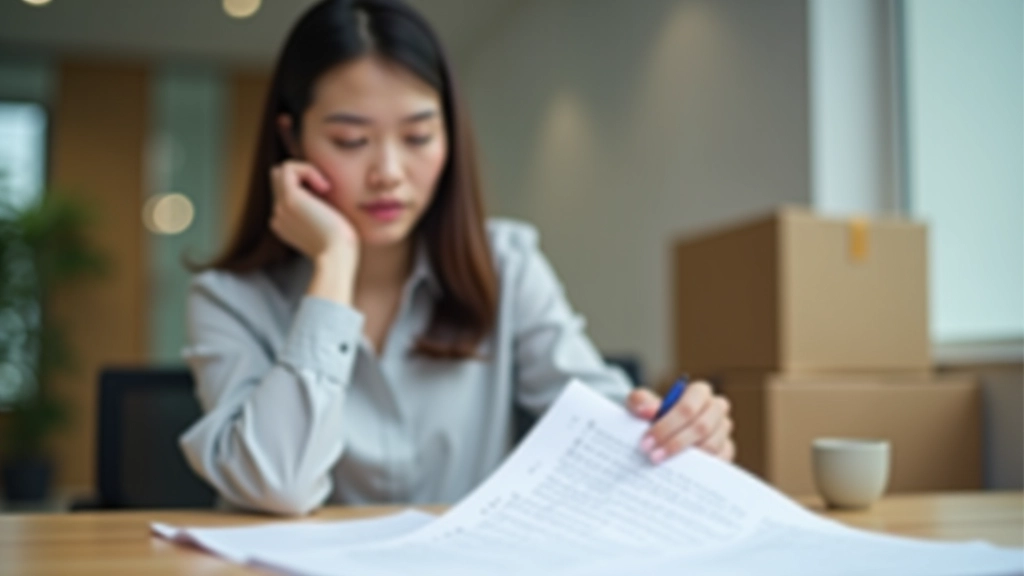 Person reviewing documents and checklist at desk with moving boxes in background